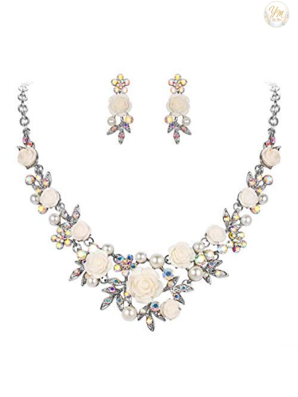 Crystal Pearl Rose Flower Necklace Earrings Set for Women Prom Party Jewelry